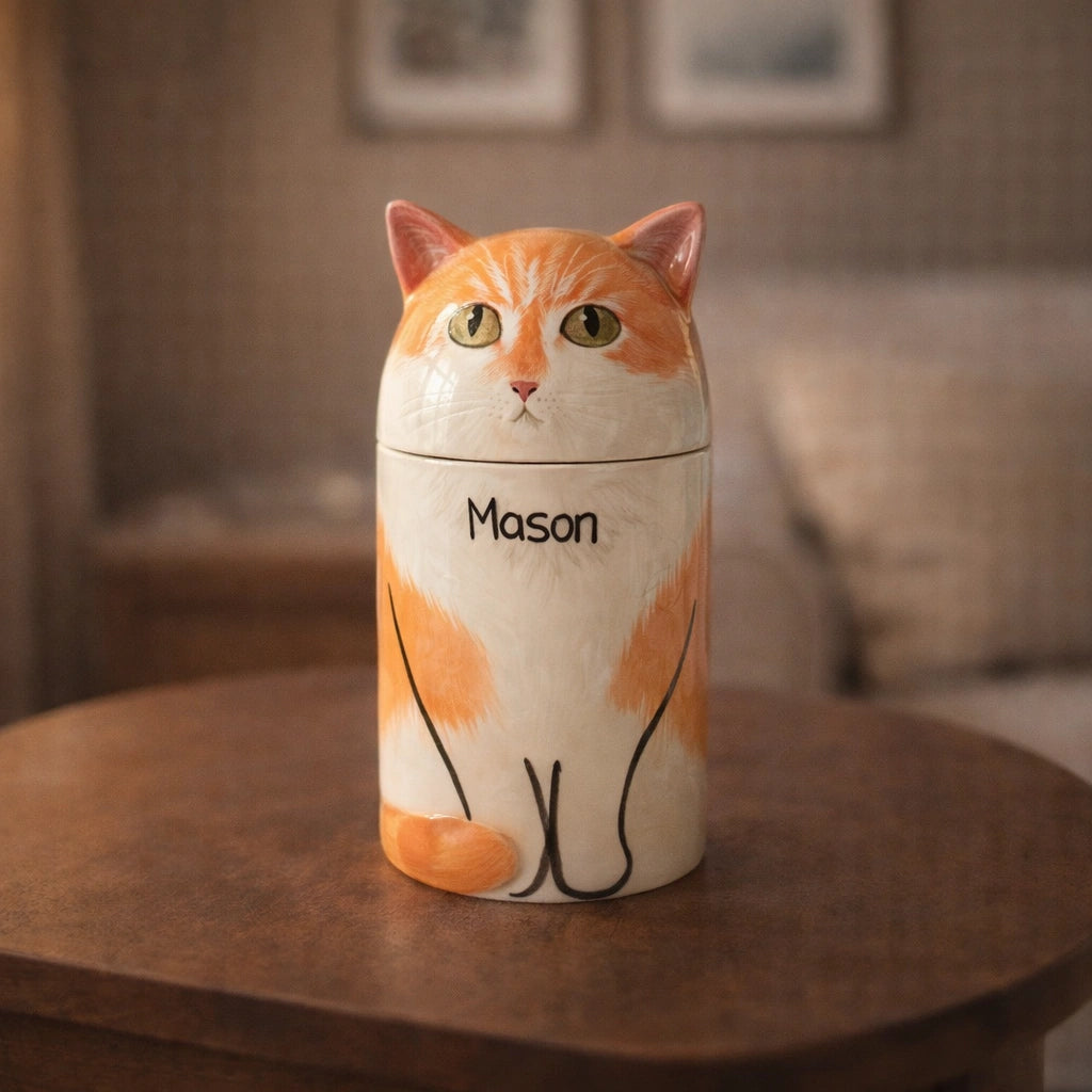Handcrafted ceramic cat urn with custom name inscription