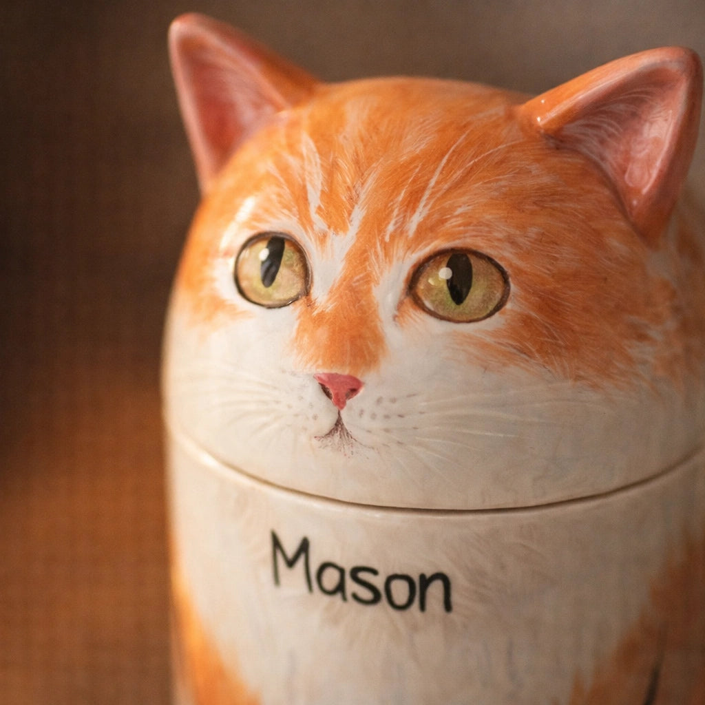 Minimal ceramic cat urn with open eye sculpted form