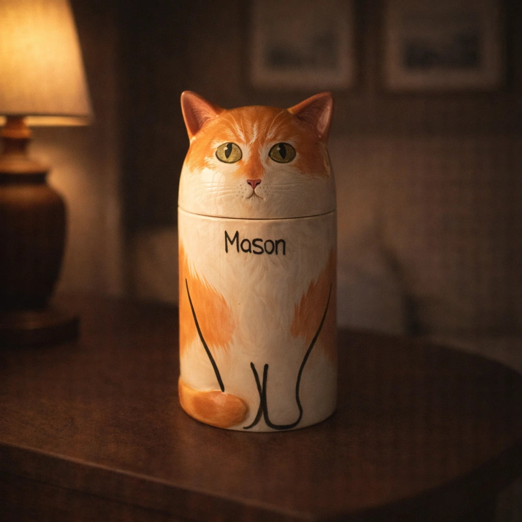 Ceramic cat urn designed for discreet indoor environments
