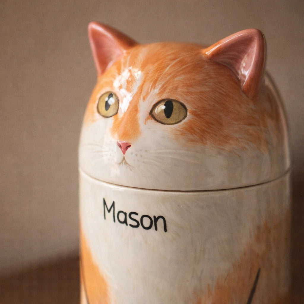 Handmade ceramic cat urn with balanced proportions and smooth finish