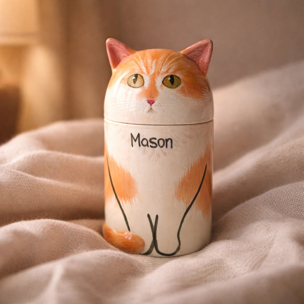 Cat-shaped ceramic container with 'Mason' on a soft fabric background