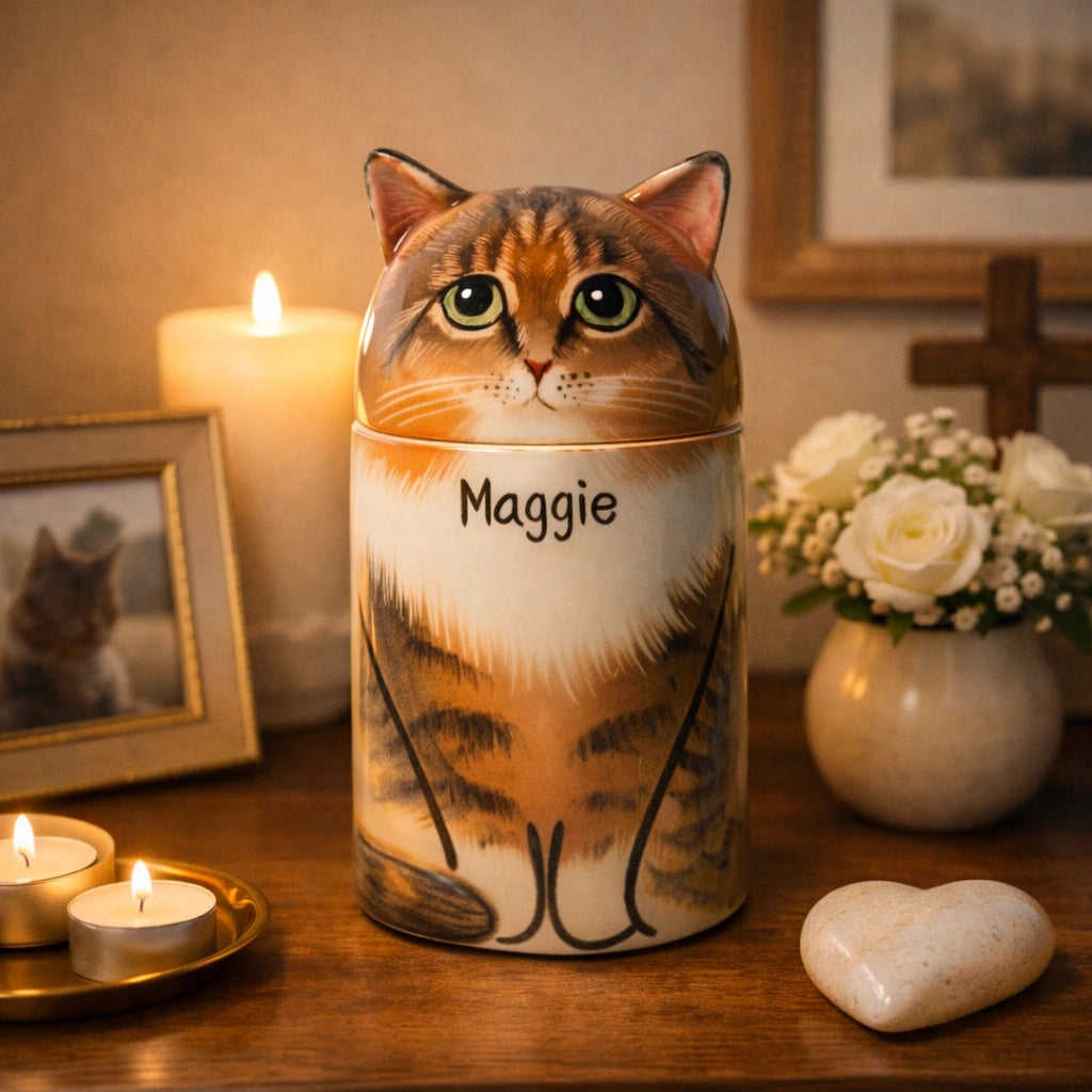 Handmade ceramic cat urn suitable for quiet indoor spaces