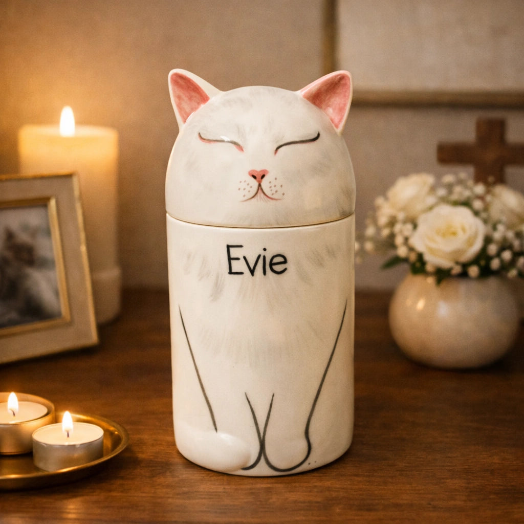 Handmade ceramic cat urn with balanced proportions and smooth finish