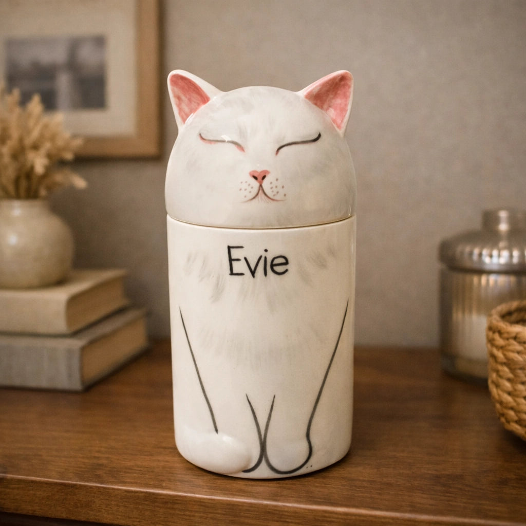 Personalized ceramic cat urn for discreet interior placement