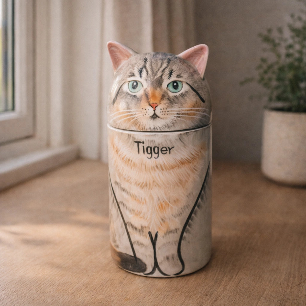 Handmade ceramic cat urn with sculpted form and neutral tones