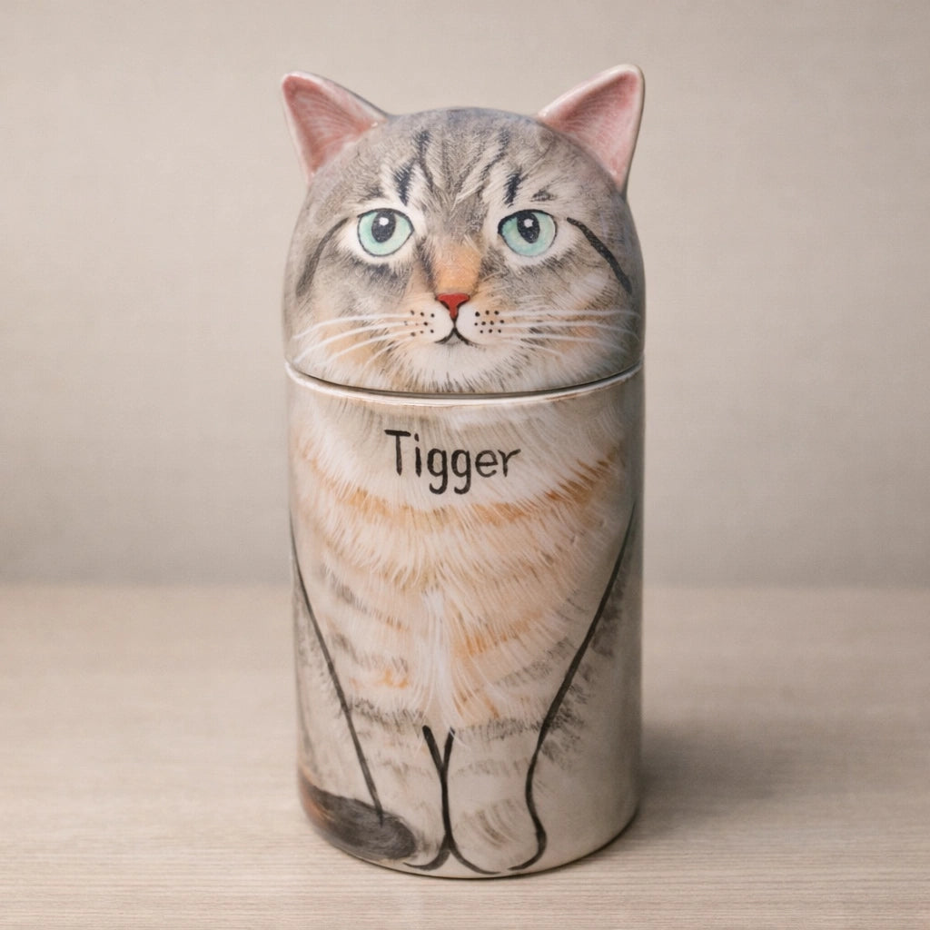 Personalized ceramic cat urn with sculpted feline face and name inscription