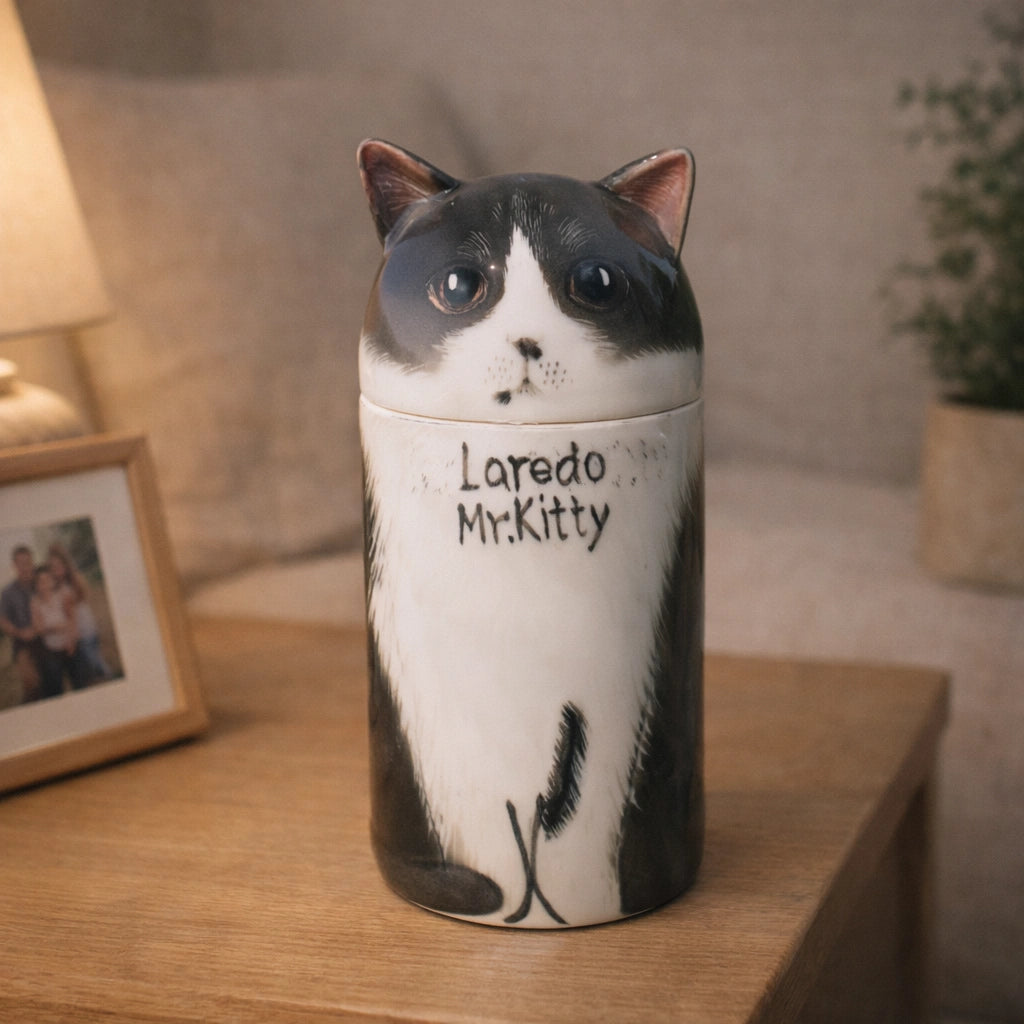 Ceramic cat urn with hand painted black and white fur detail
