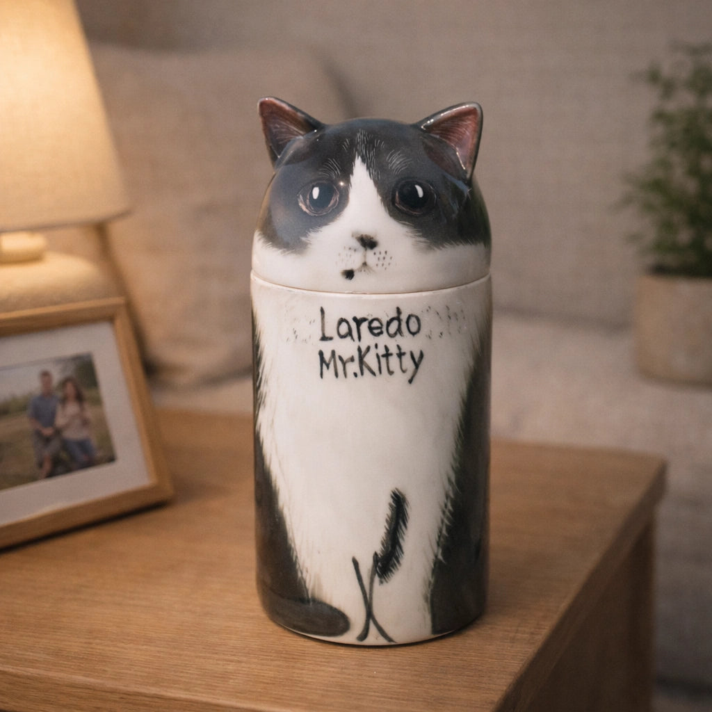 Handcrafted ceramic cat urn with custom name inscription