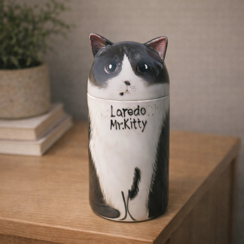 Minimal ceramic cat urn designed for indoor home placement