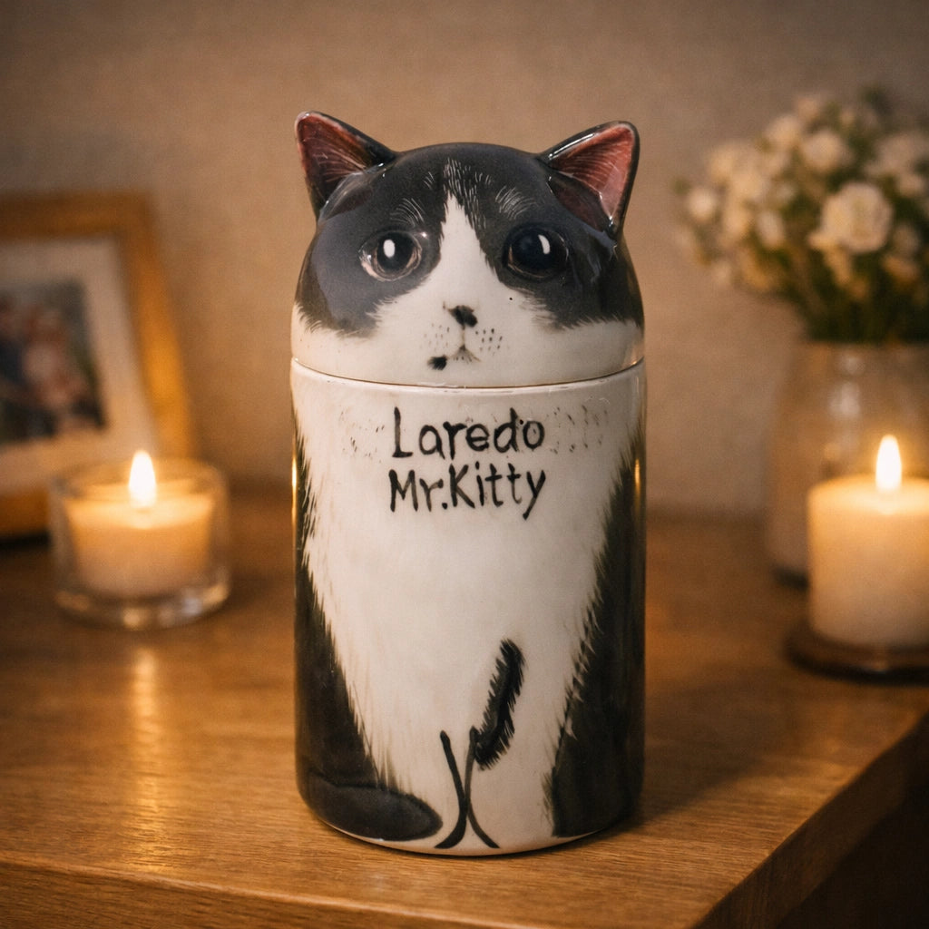 Custom ceramic pet urn for cats photographed on neutral background