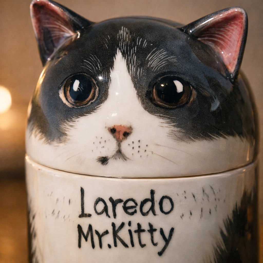 Ceramic cat urn with balanced proportions and soft surface finish