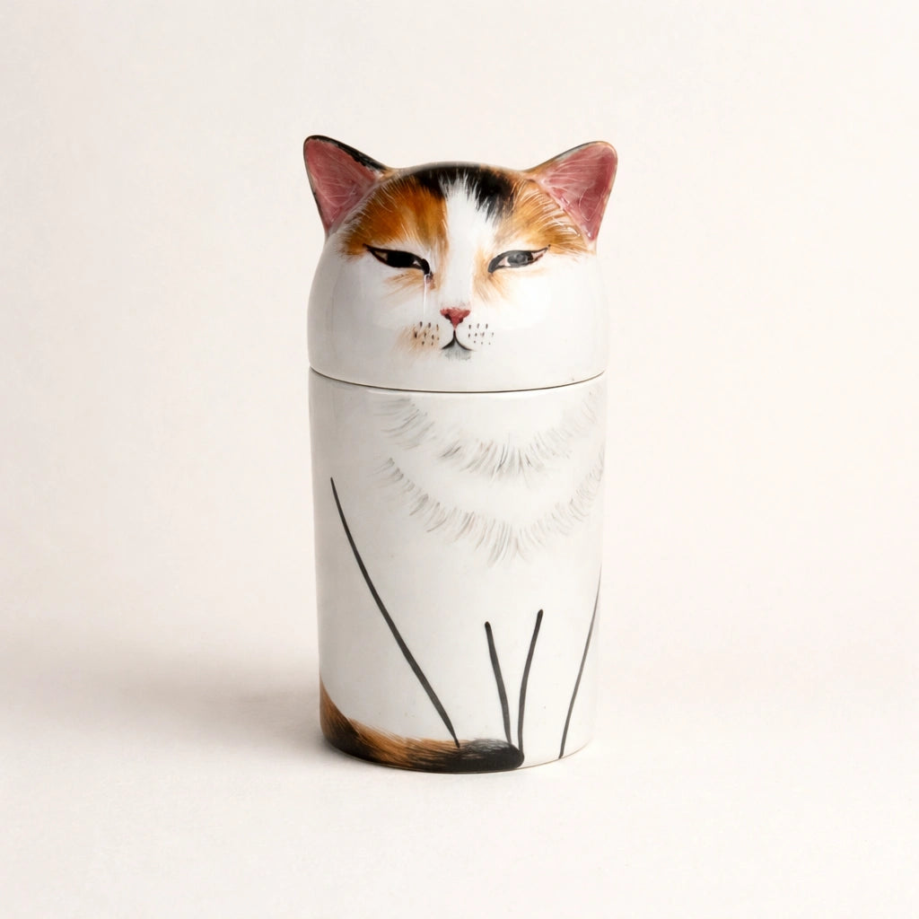 Personalized ceramic cat urn with calm half-closed eyes on white background