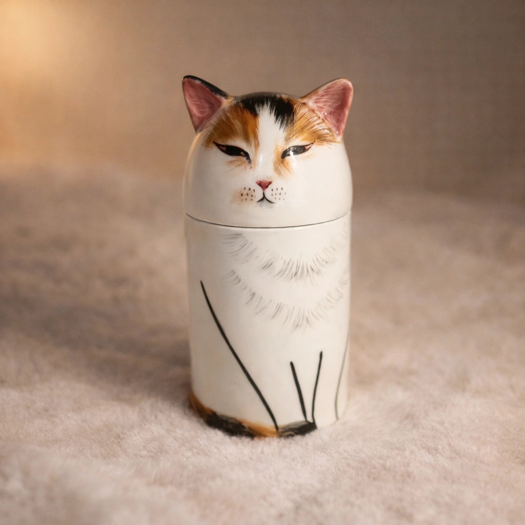 Minimal ceramic cat urn with balanced proportions and soft glaze
