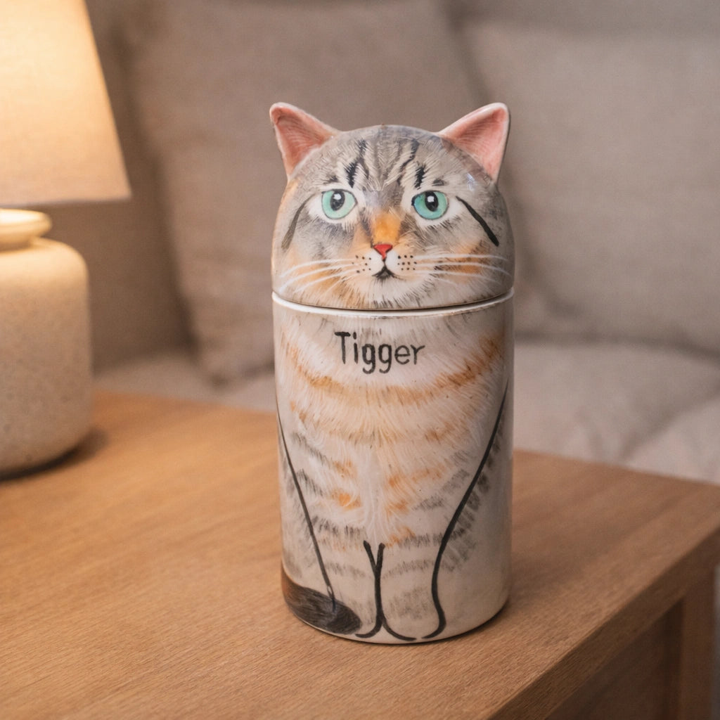 Ceramic cat urn with hand painted fur detail on neutral background