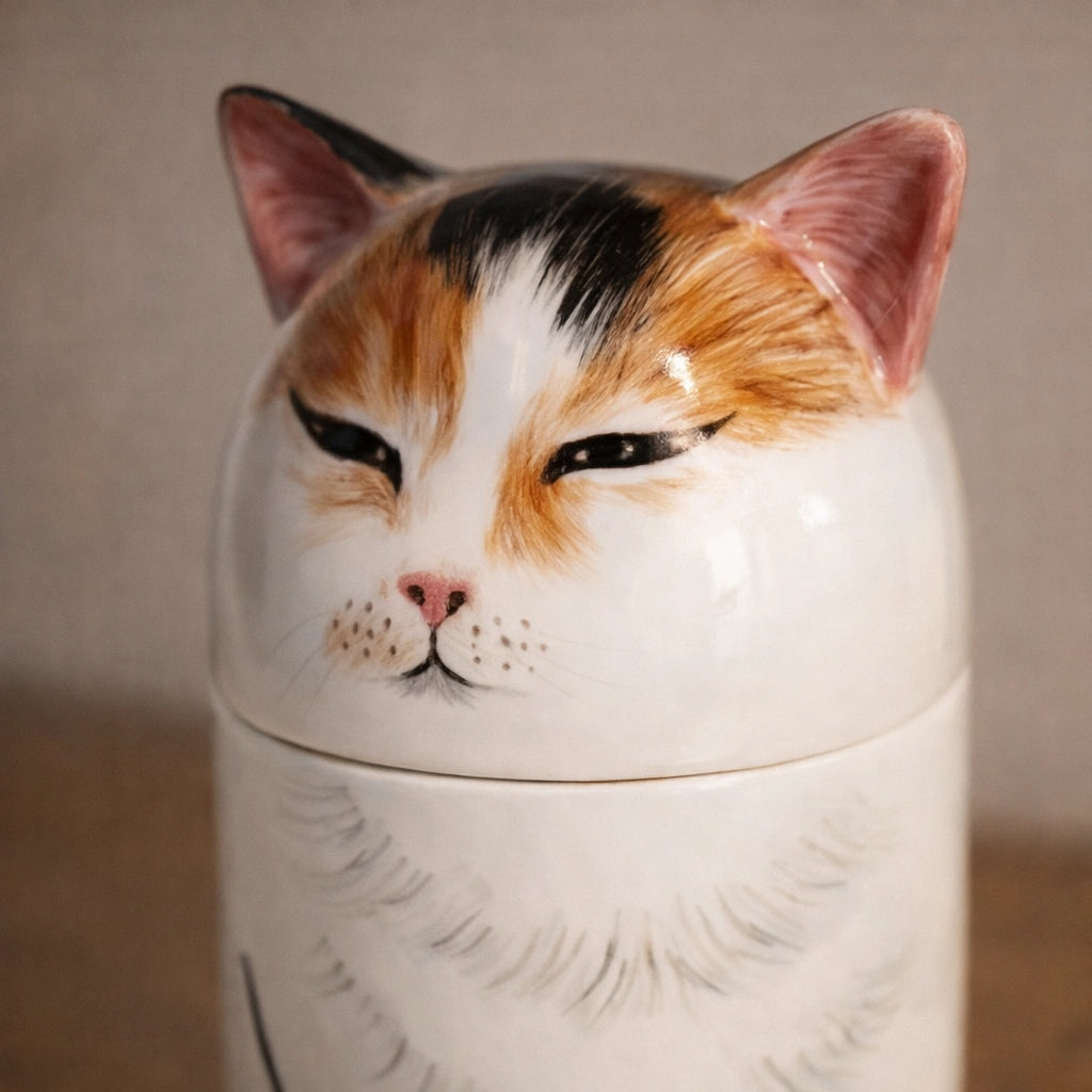 Handcrafted ceramic cat urn designed for quiet home placement