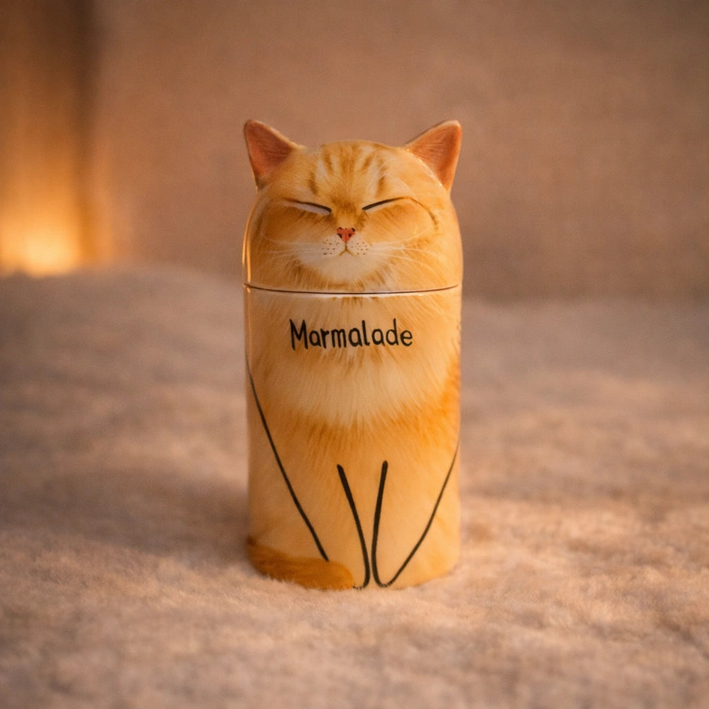 Orange ceramic cat urn with sculpted feline face on neutral background