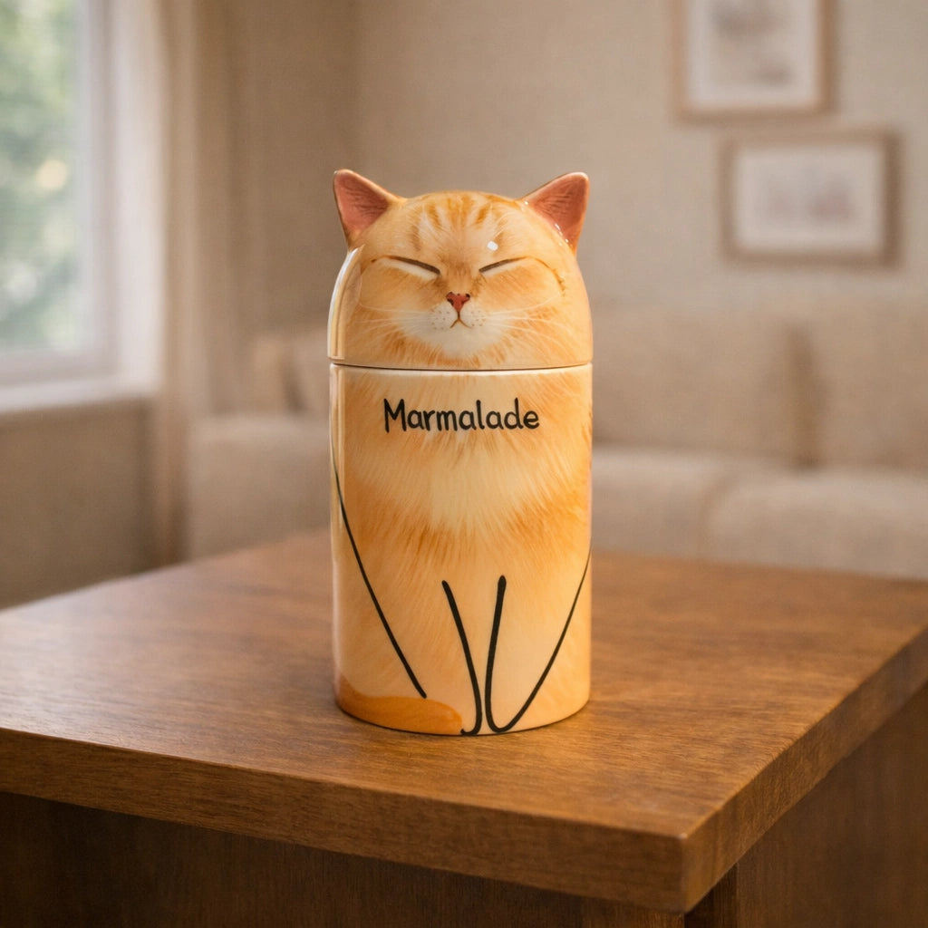 Handcrafted ceramic cat urn with custom name inscription