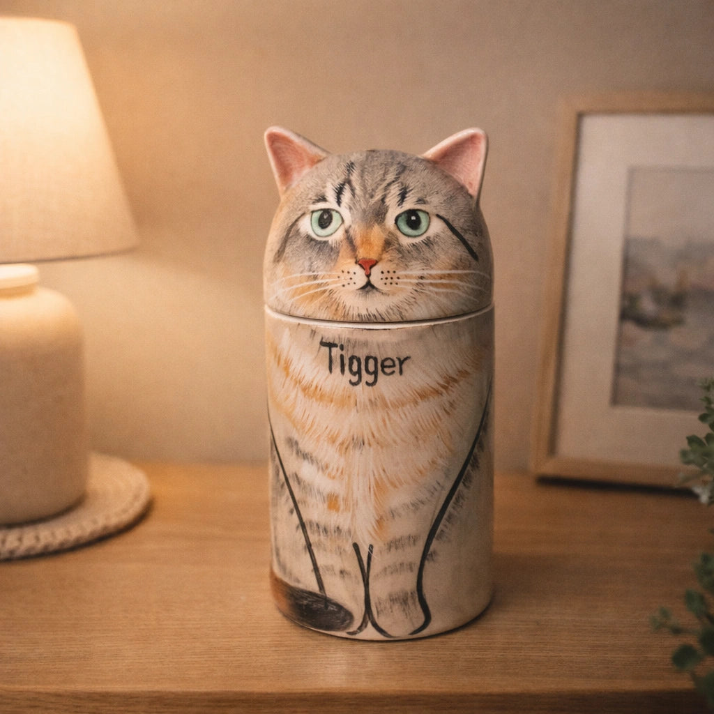 Handcrafted ceramic cat urn designed for indoor home placement
