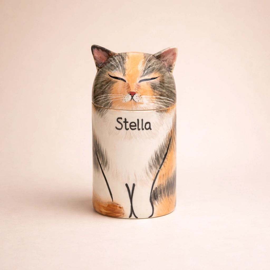 Personalized ceramic calico cat urn with closed eyes and name inscription