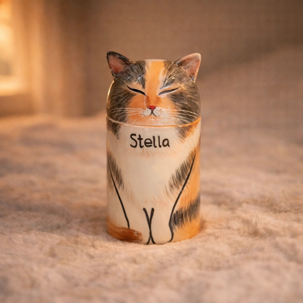 Handcrafted ceramic cat urn designed for quiet home placement