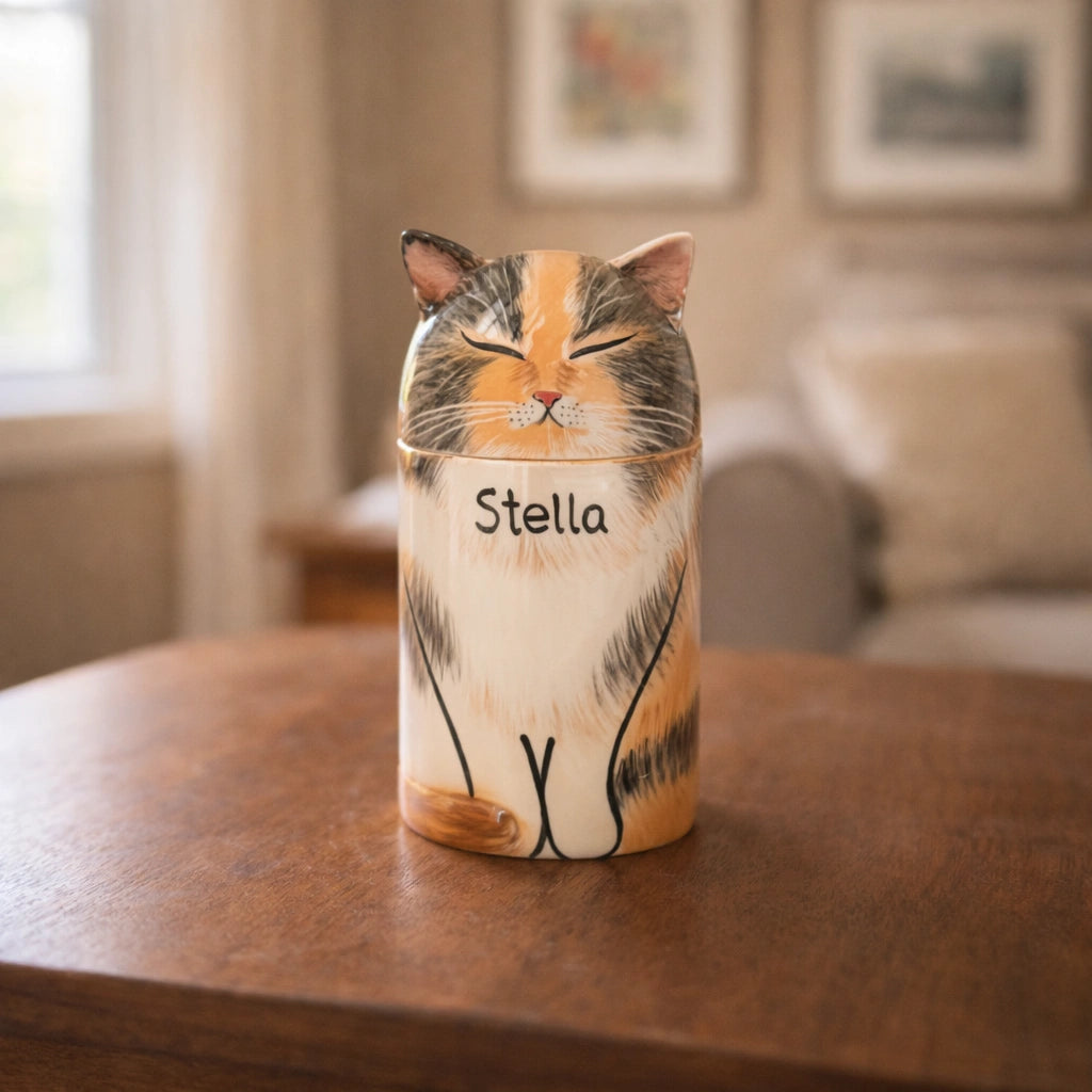 Minimal ceramic cat urn with closed-eye sculpted feline form