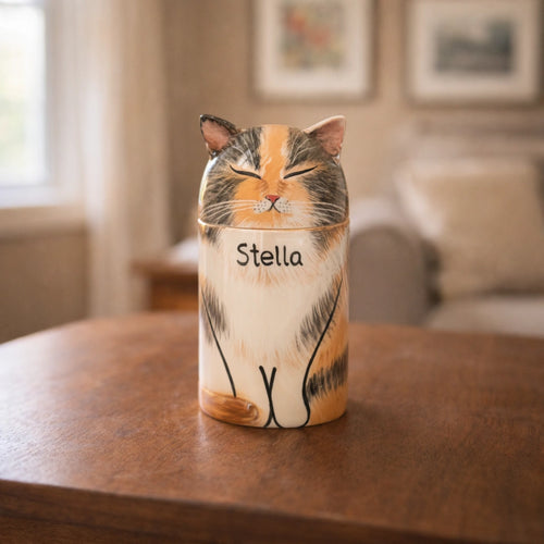 Handmade personalized cat urn with name Stella, custom pet memorial for home decor