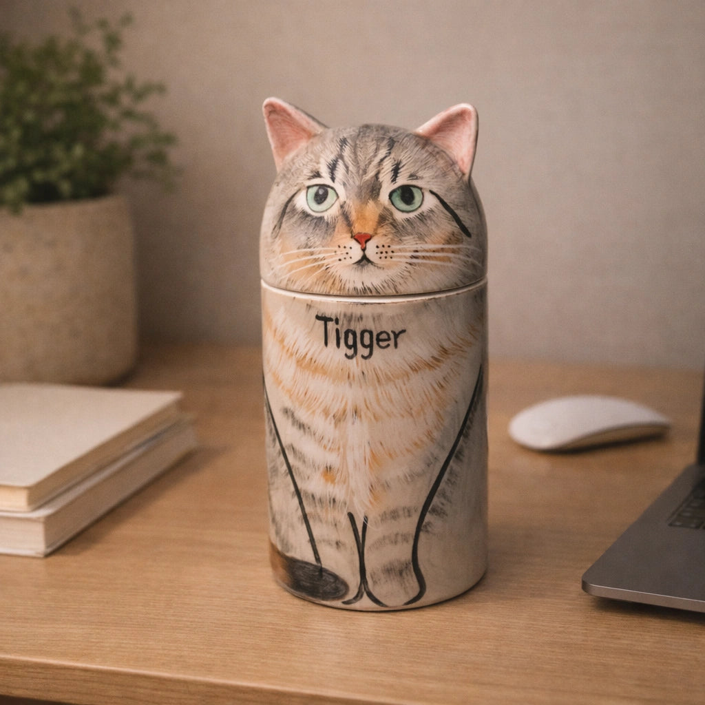 Minimal ceramic cat urn with balanced proportions and soft glaze