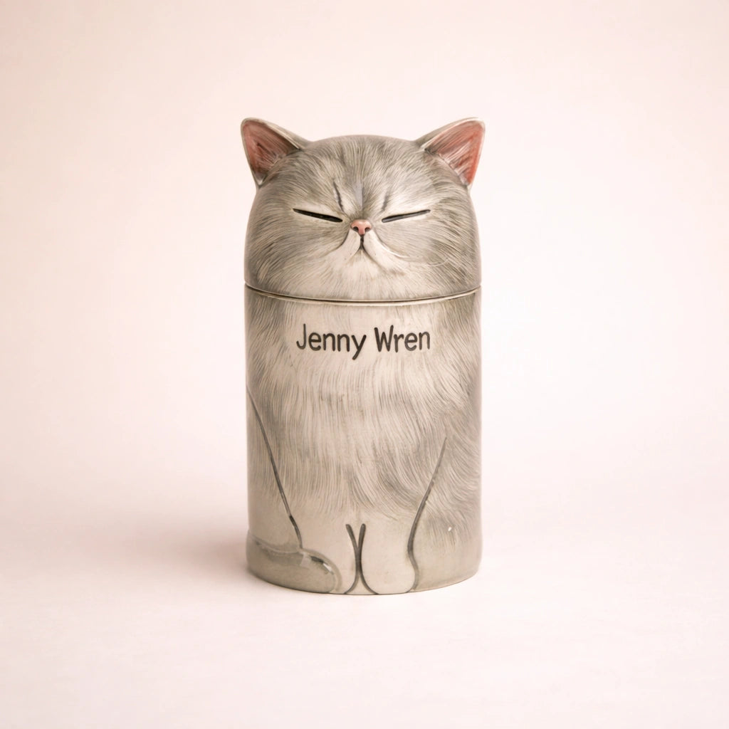Personalized ceramic cat urn with closed eyes and soft gray glaze