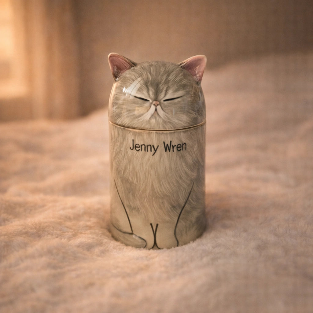 Gray ceramic cat urn with sculpted feline form on neutral background