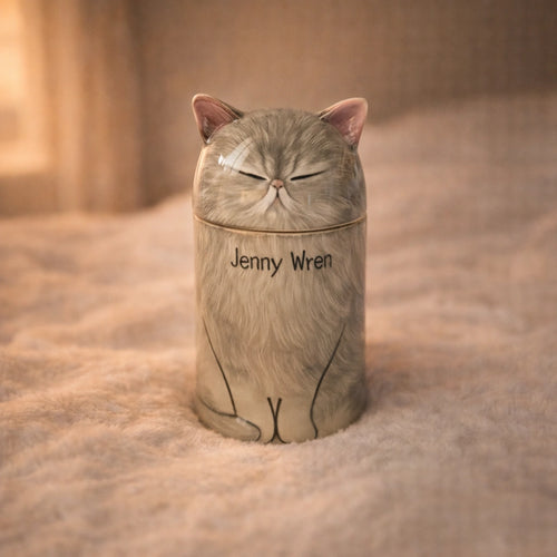 Soft form gray cat cremation urn personalized ceramic keepsake