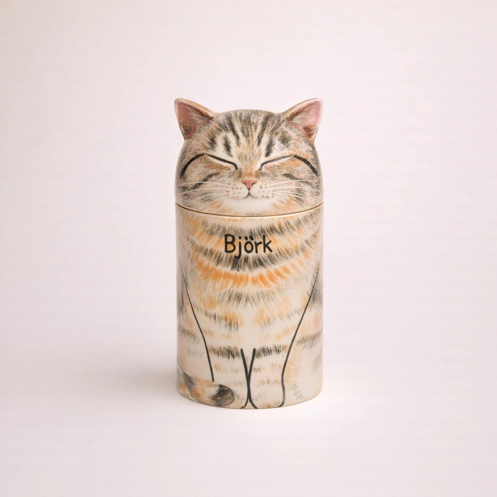 Personalized ceramic tabby cat urn with closed eyes and name inscription