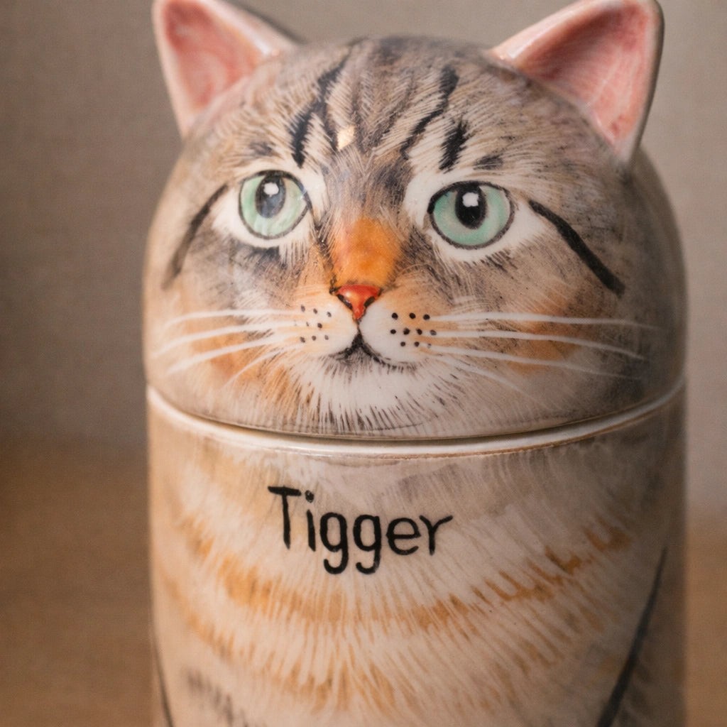 Custom ceramic pet urn for cats photographed in natural light