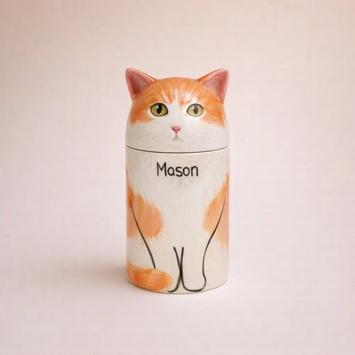 Hand-painted ceramic cat urn custom-made open eye memorial ashes jar