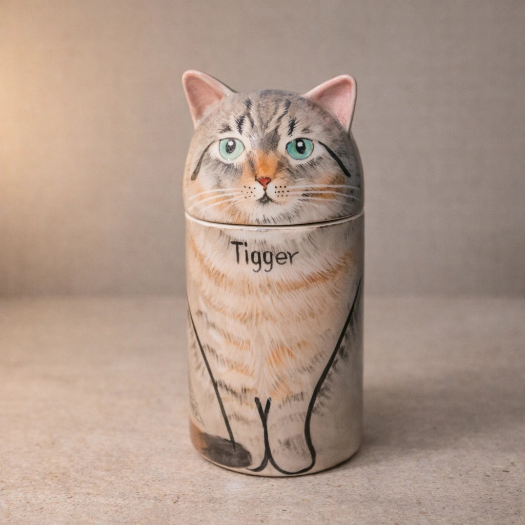 Ceramic cat urn with detailed eyes and hand painted surface