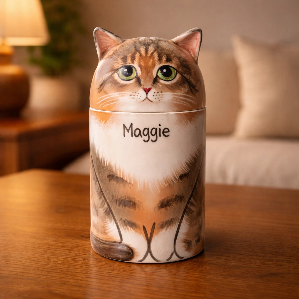 Personalized ceramic tabby cat urn with open green eyes and name inscription