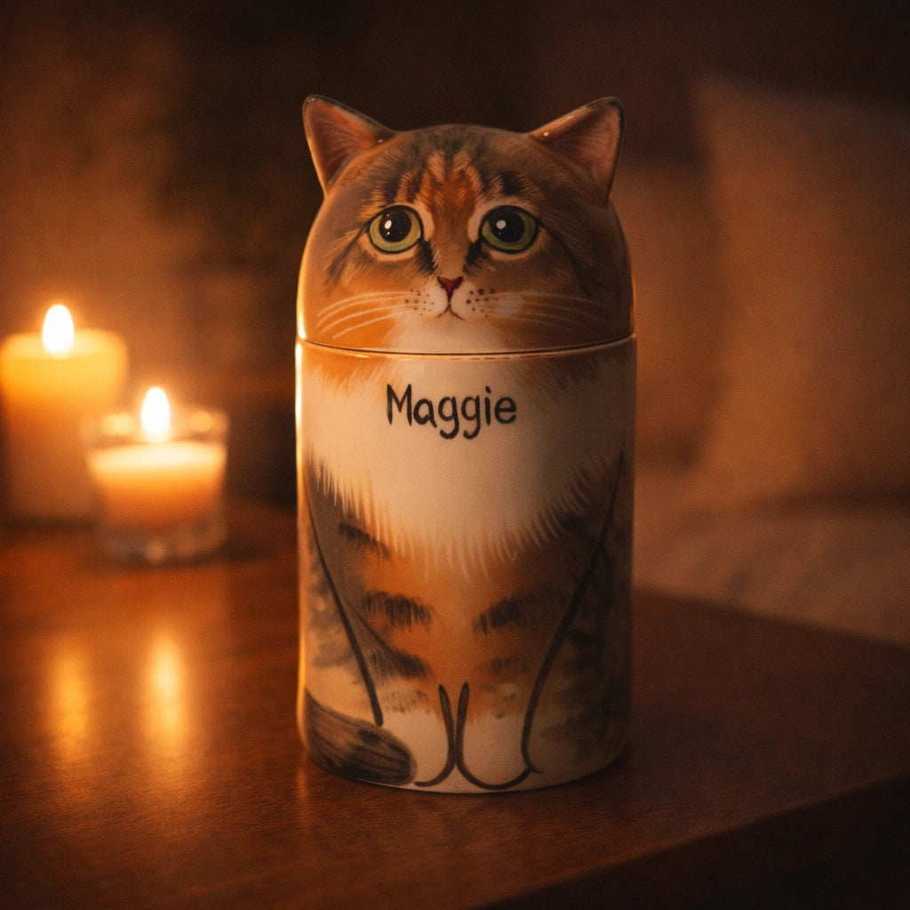 Brown tabby ceramic cat urn with hand painted fur detail