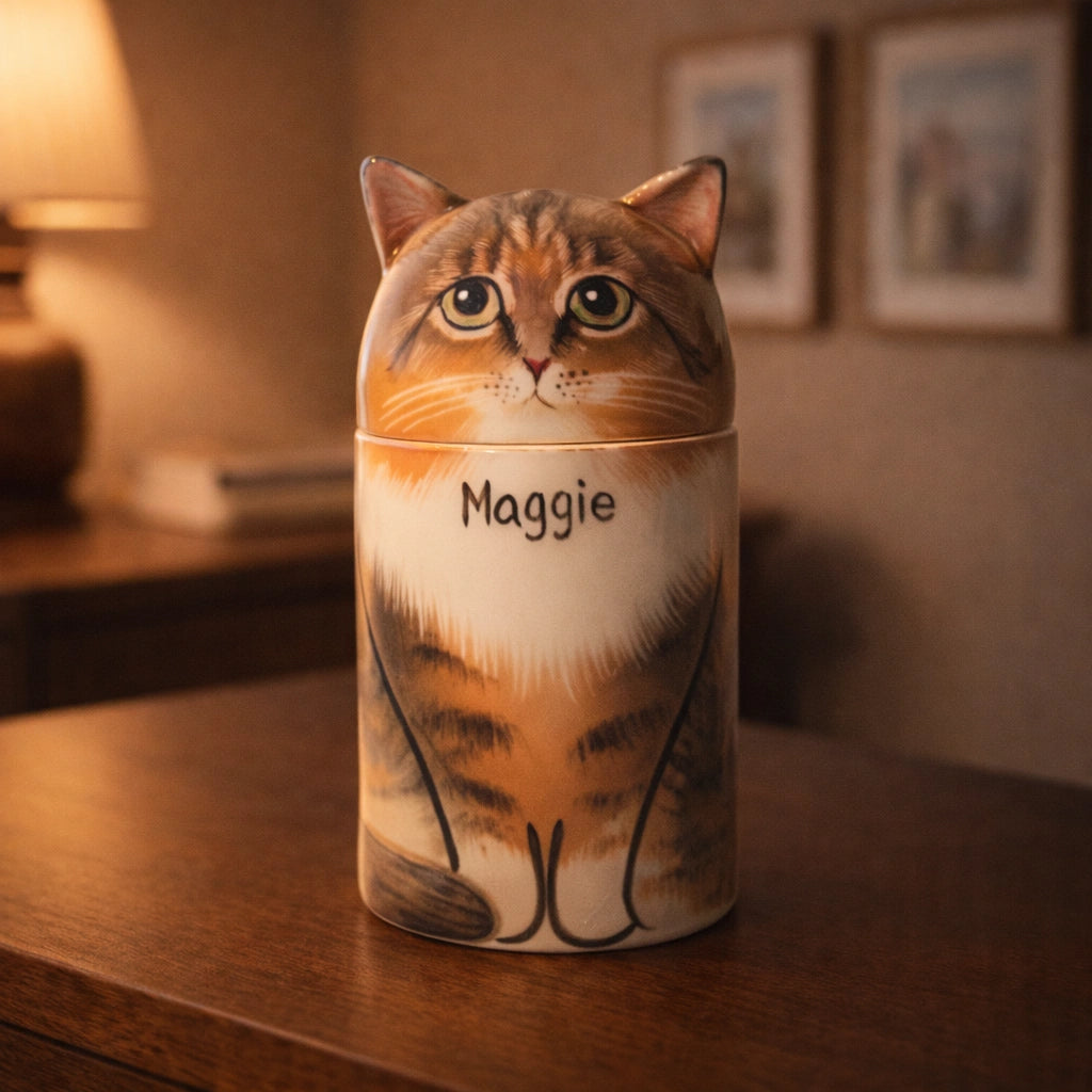 Handcrafted ceramic cat urn photographed on wooden surface