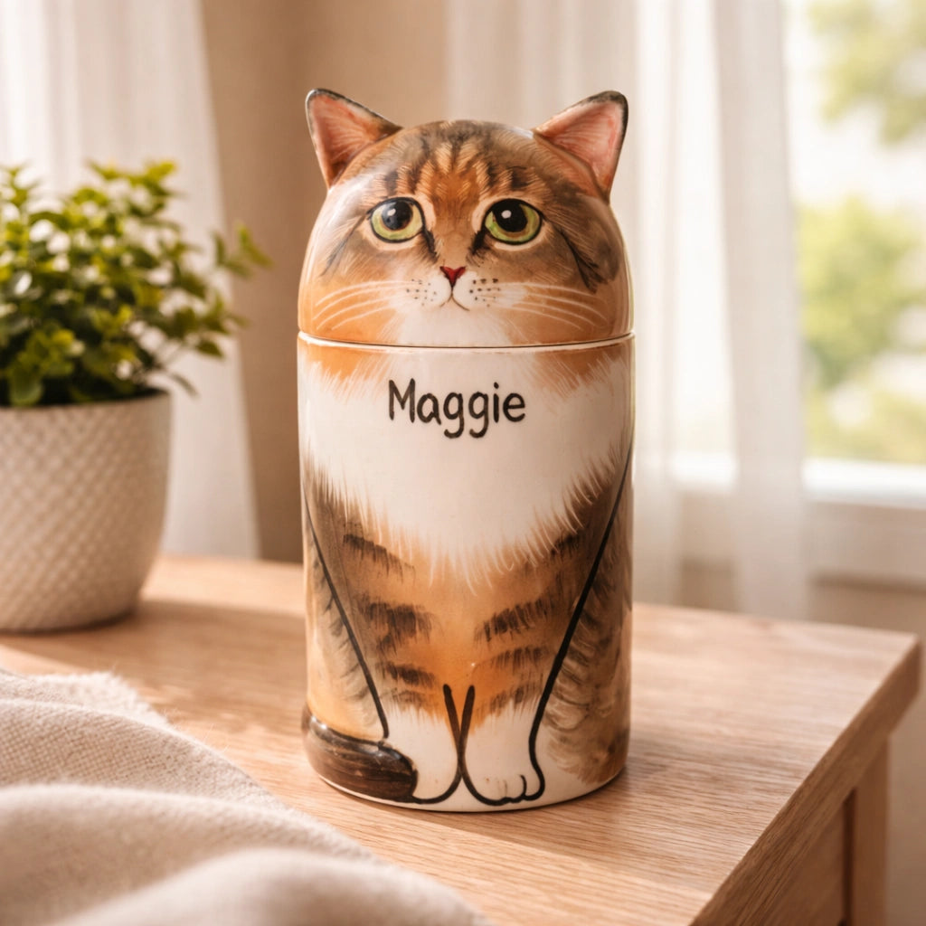 Ceramic cat urn with natural tabby pattern and sculpted feline form