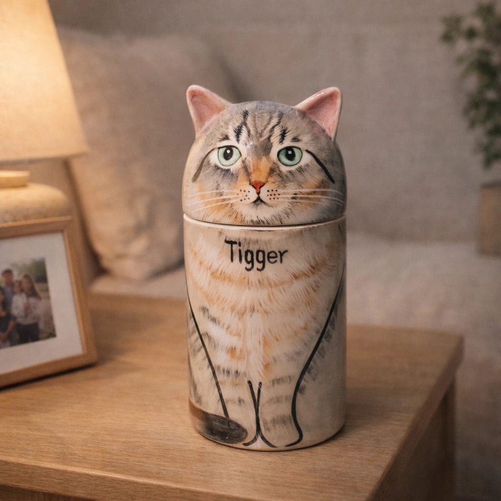 Personalized ceramic cat urn suitable for quiet interior spaces