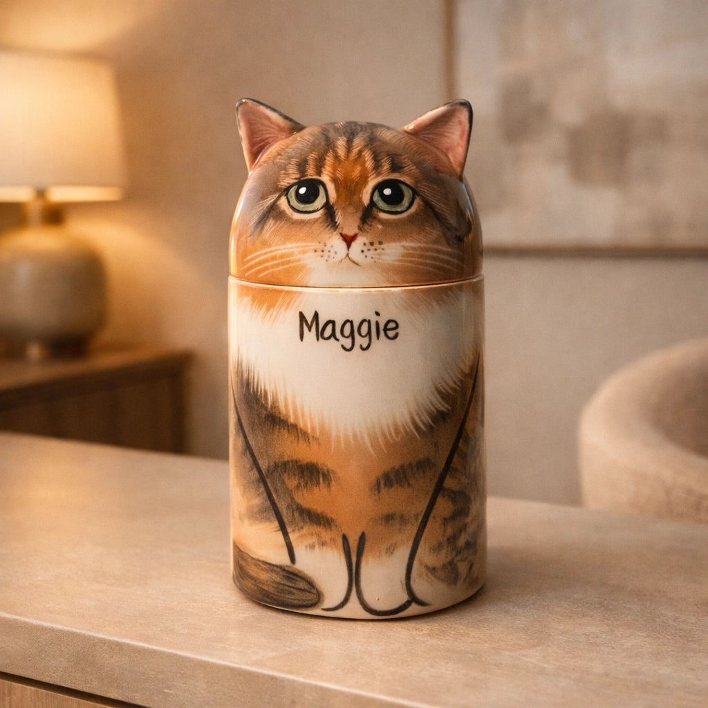 Minimal ceramic cat urn with balanced proportions and soft glaze