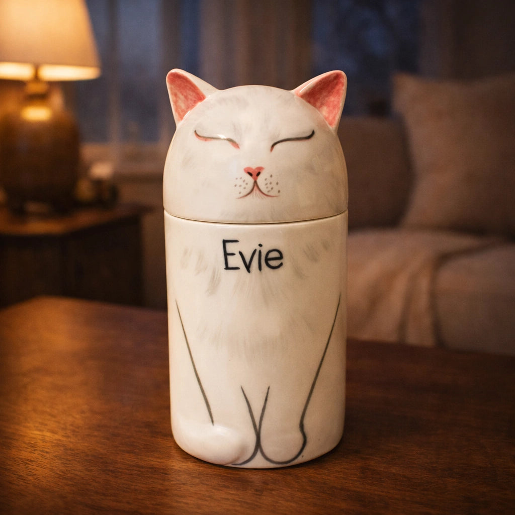 White ceramic cat urn with sculpted feline form on wooden surface