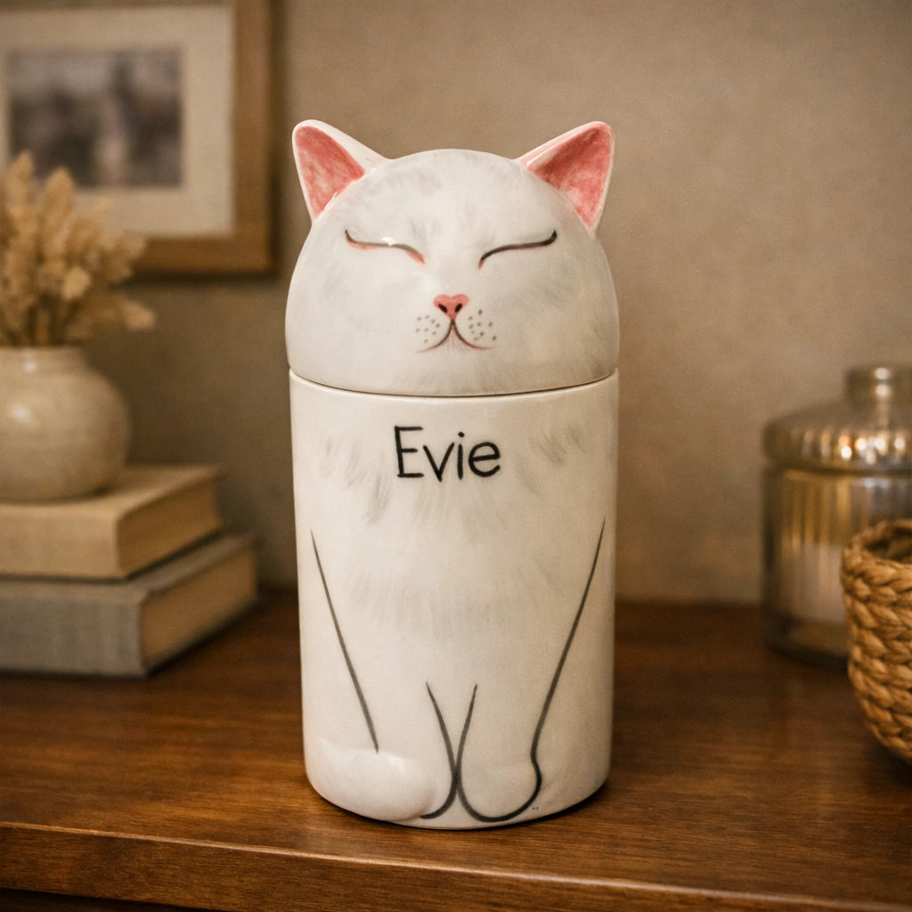 Handcrafted ceramic cat urn with custom name inscription