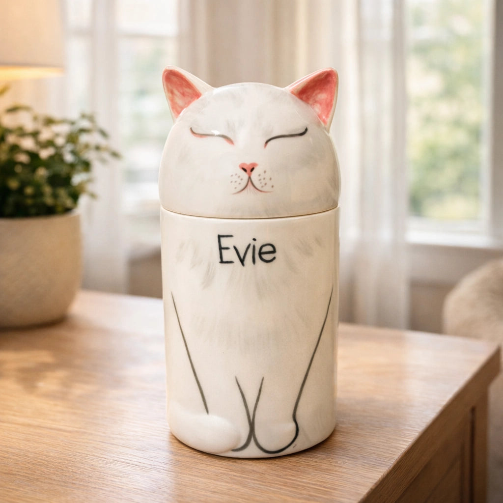 Minimal ceramic cat urn with closed-eye sculpted design