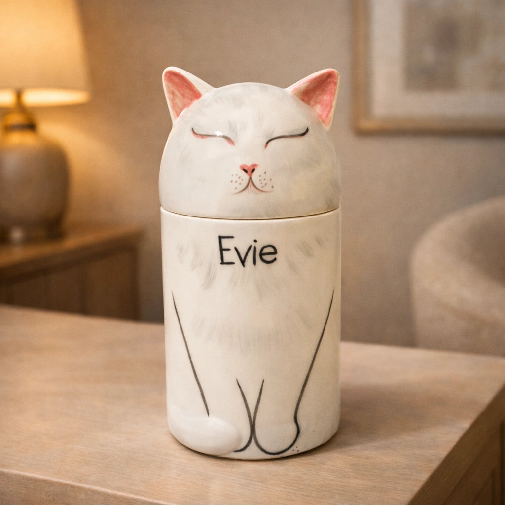 Ceramic cat urn suitable for quiet indoor environments