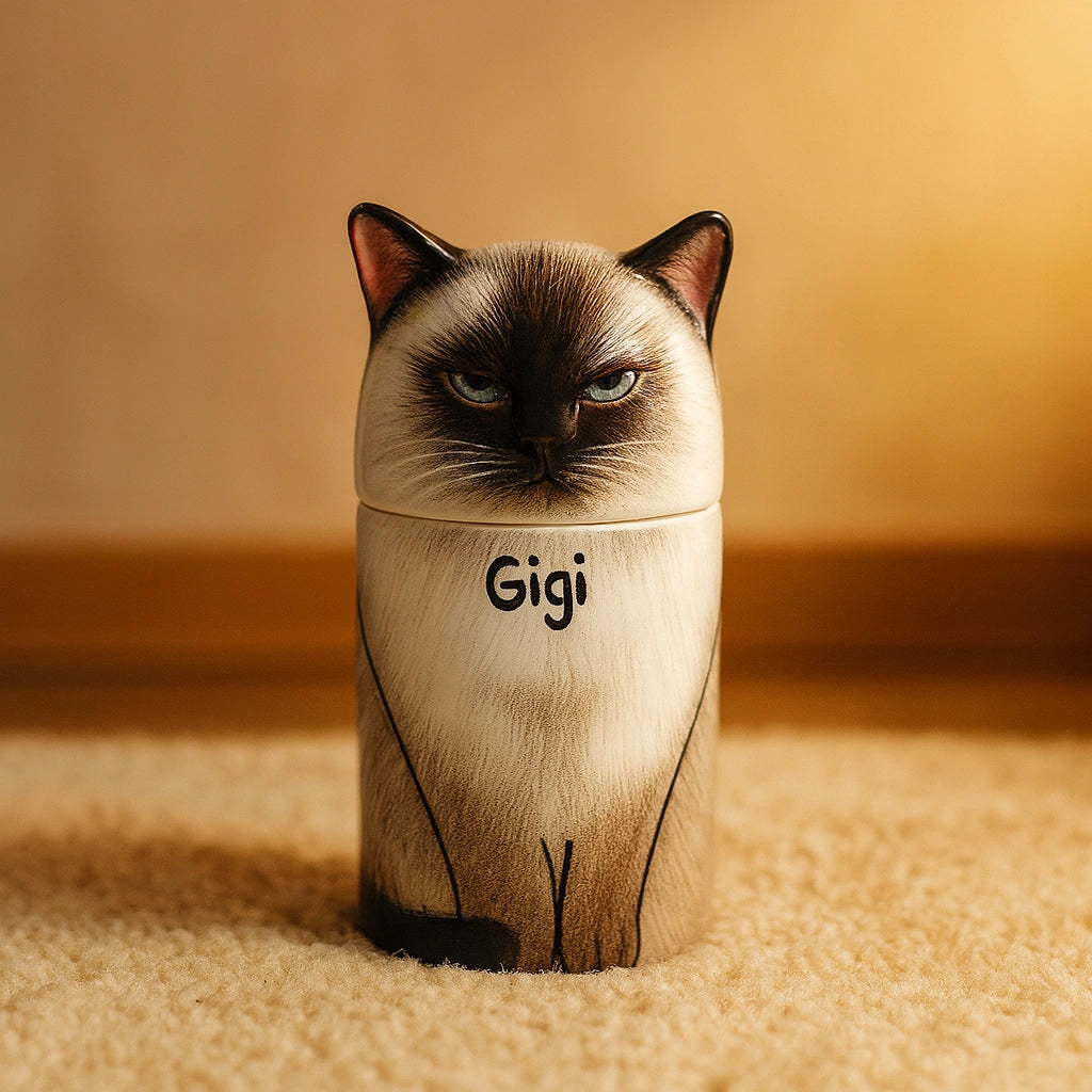 Cat-shaped container with 'Gigi' written on it, sitting on a carpeted floor.