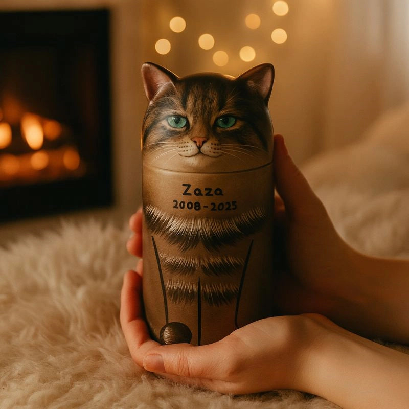 Person holding a cat-shaped urn with 'Zaza 2008-2023' engraved, against a warm-toned background.