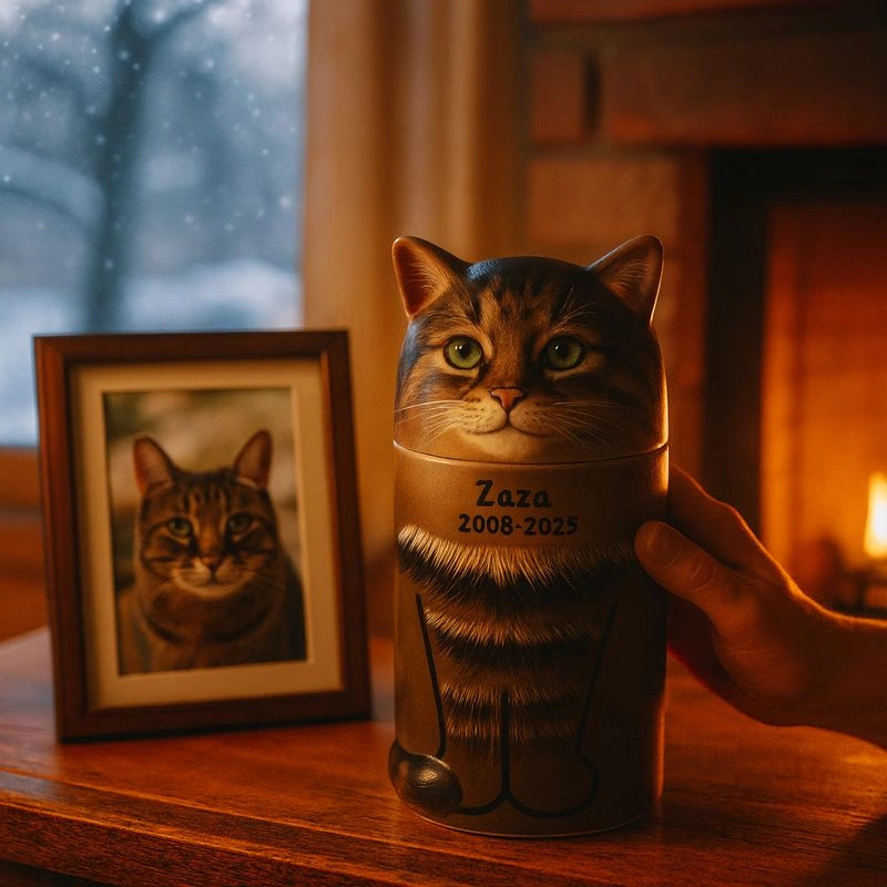 Cat-shaped urn with 'Zaza 2008-2023' text, held by a hand, with a framed photo of a cat in the background.
