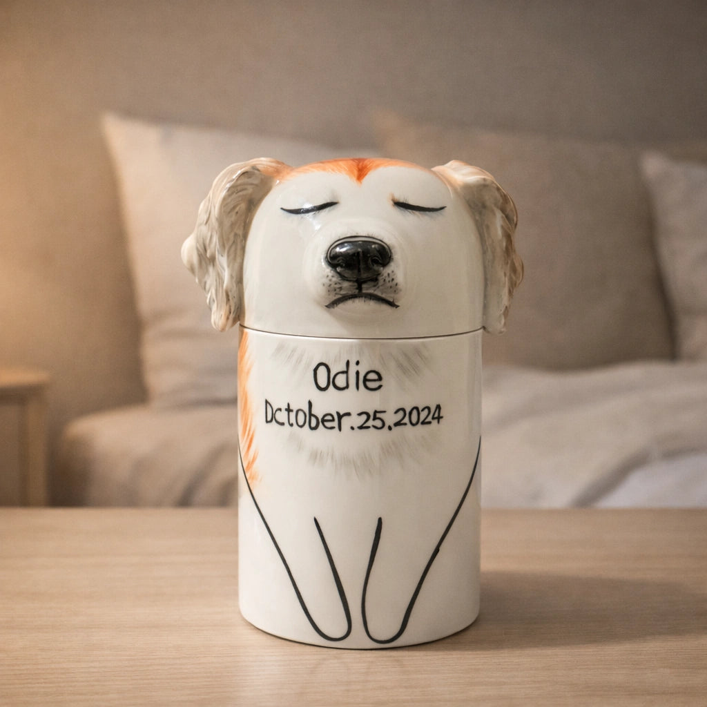 White ceramic dog urn with calm sculpted form on wooden surface