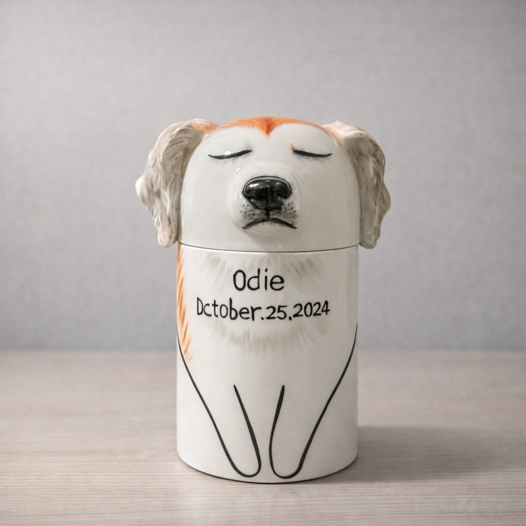 Ceramic dog urn designed for discreet indoor use