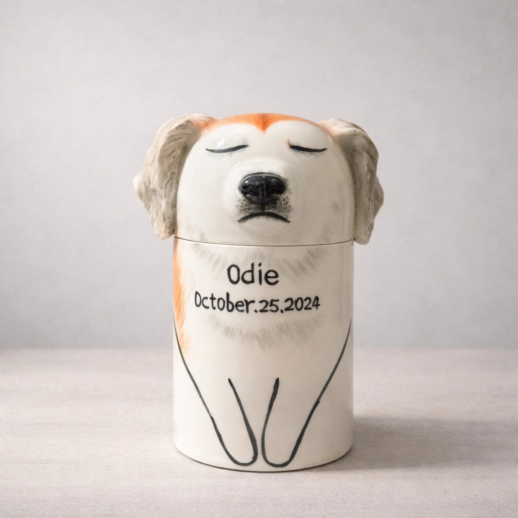 Handmade ceramic dog urn with balanced proportions